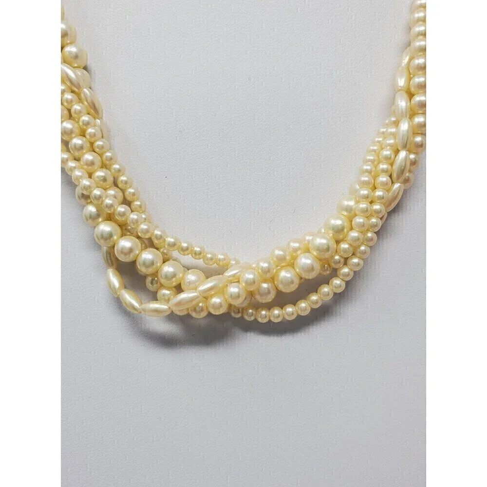 VINTAGE MARVELLA IVORY FAUX PEARL 4 STRAND TWIST NECKLACE FASHION JEWELRY